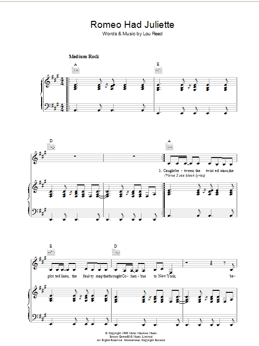 Download Lou Reed Romeo Had Juliette Sheet Music and learn how to play Piano, Vocal & Guitar PDF digital score in minutes