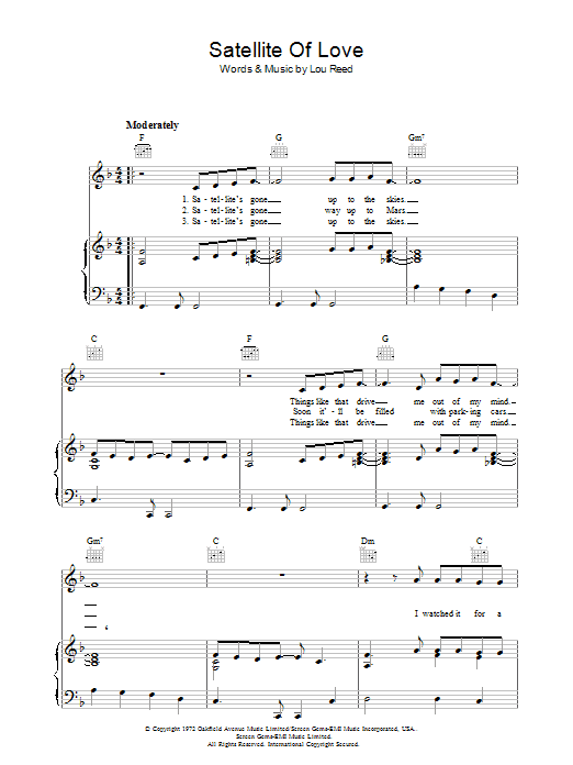 Download Lou Reed Satellite Of Love Sheet Music and learn how to play Lyrics & Chords PDF digital score in minutes