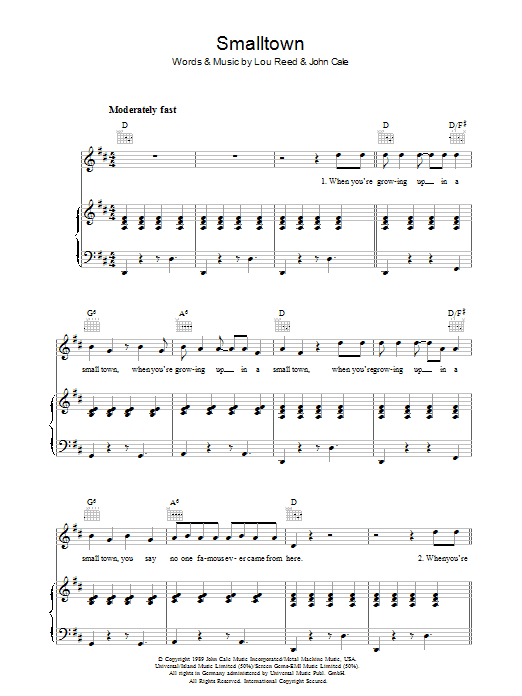 Download John Cale Smalltown Sheet Music and learn how to play Piano, Vocal & Guitar PDF digital score in minutes