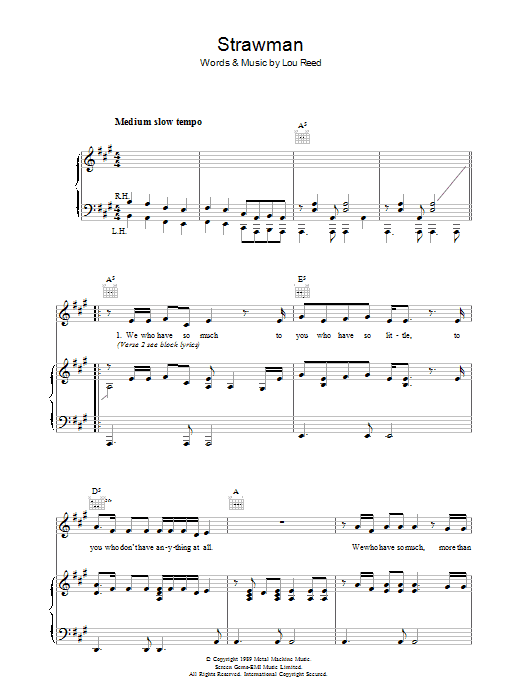 Download Lou Reed Strawman Sheet Music and learn how to play Piano, Vocal & Guitar (Right-Hand Melody) PDF digital score in minutes