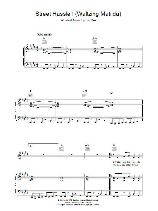 Download Lou Reed Street Hassle I Sheet Music and learn how to play Piano, Vocal & Guitar (Right-Hand Melody) PDF digital score in minutes