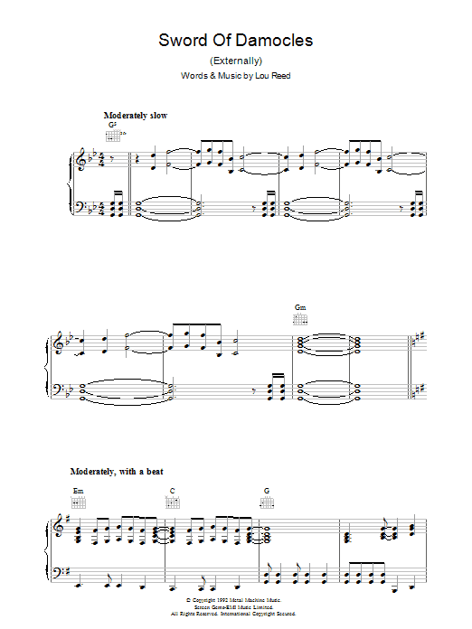 Download Lou Reed Sword Of Damocles Sheet Music and learn how to play Piano, Vocal & Guitar (Right-Hand Melody) PDF digital score in minutes