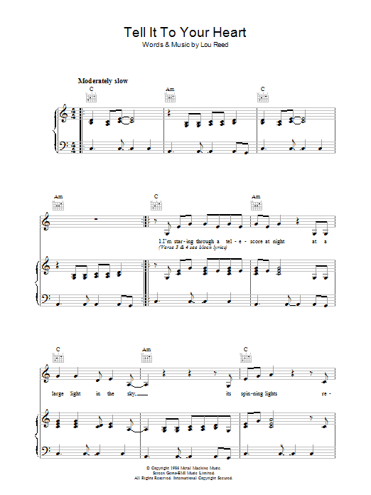 Download Lou Reed Tell It To Your Heart Sheet Music and learn how to play Piano, Vocal & Guitar (Right-Hand Melody) PDF digital score in minutes