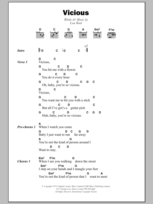 Download Lou Reed Vicious Sheet Music and learn how to play Lyrics & Chords PDF digital score in minutes