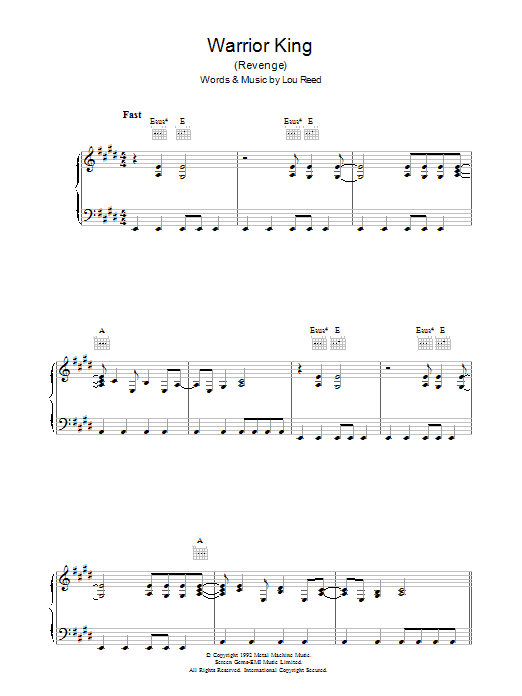 Download Lou Reed Warrior King Sheet Music and learn how to play Piano, Vocal & Guitar (Right-Hand Melody) PDF digital score in minutes