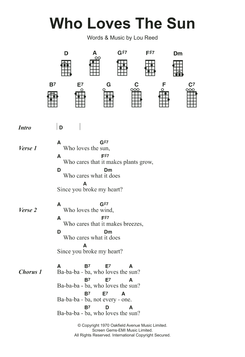 Download Lou Reed Who Loves The Sun Sheet Music and learn how to play Ukulele PDF digital score in minutes