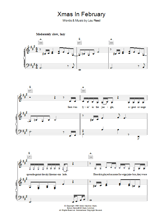 Download Lou Reed Xmas In February Sheet Music and learn how to play Piano, Vocal & Guitar PDF digital score in minutes