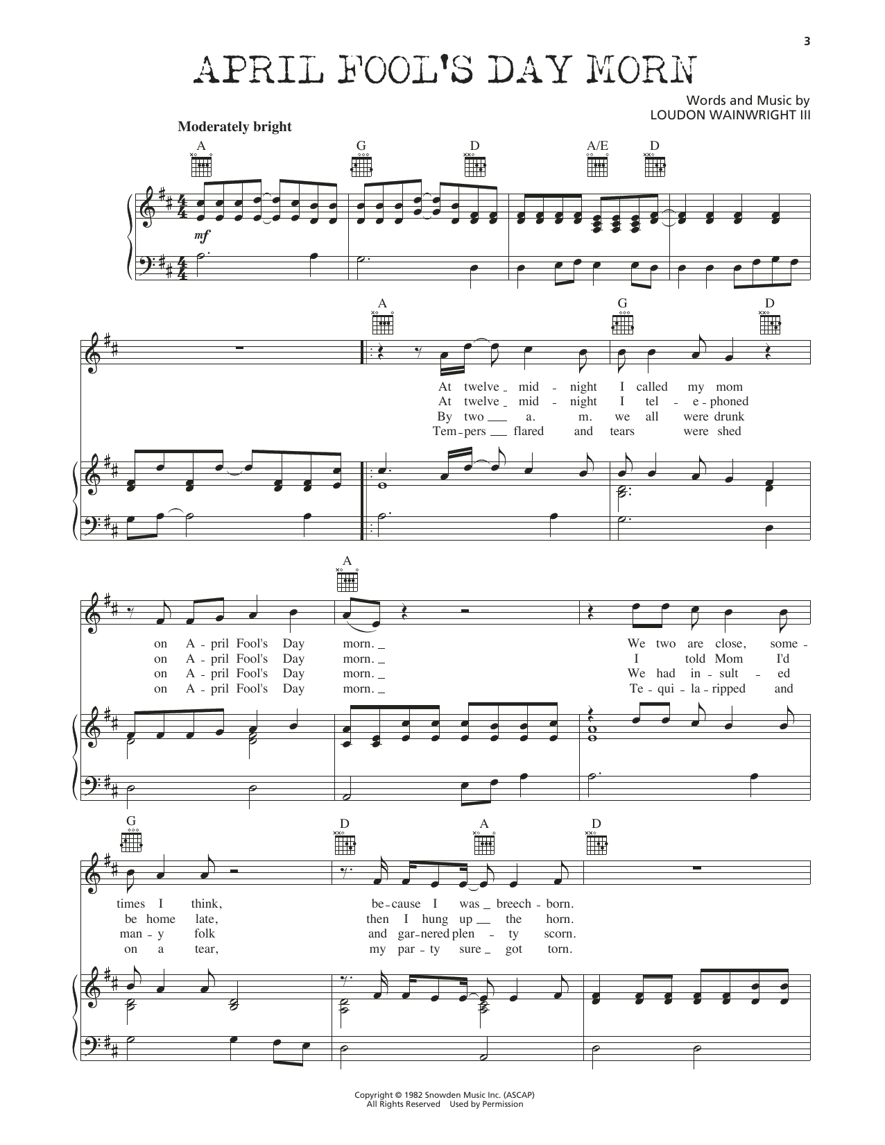 Download Loudon Wainwright III April Fool's Day Morn Sheet Music and learn how to play Piano, Vocal & Guitar Chords (Right-Hand Melody) PDF digital score in minutes