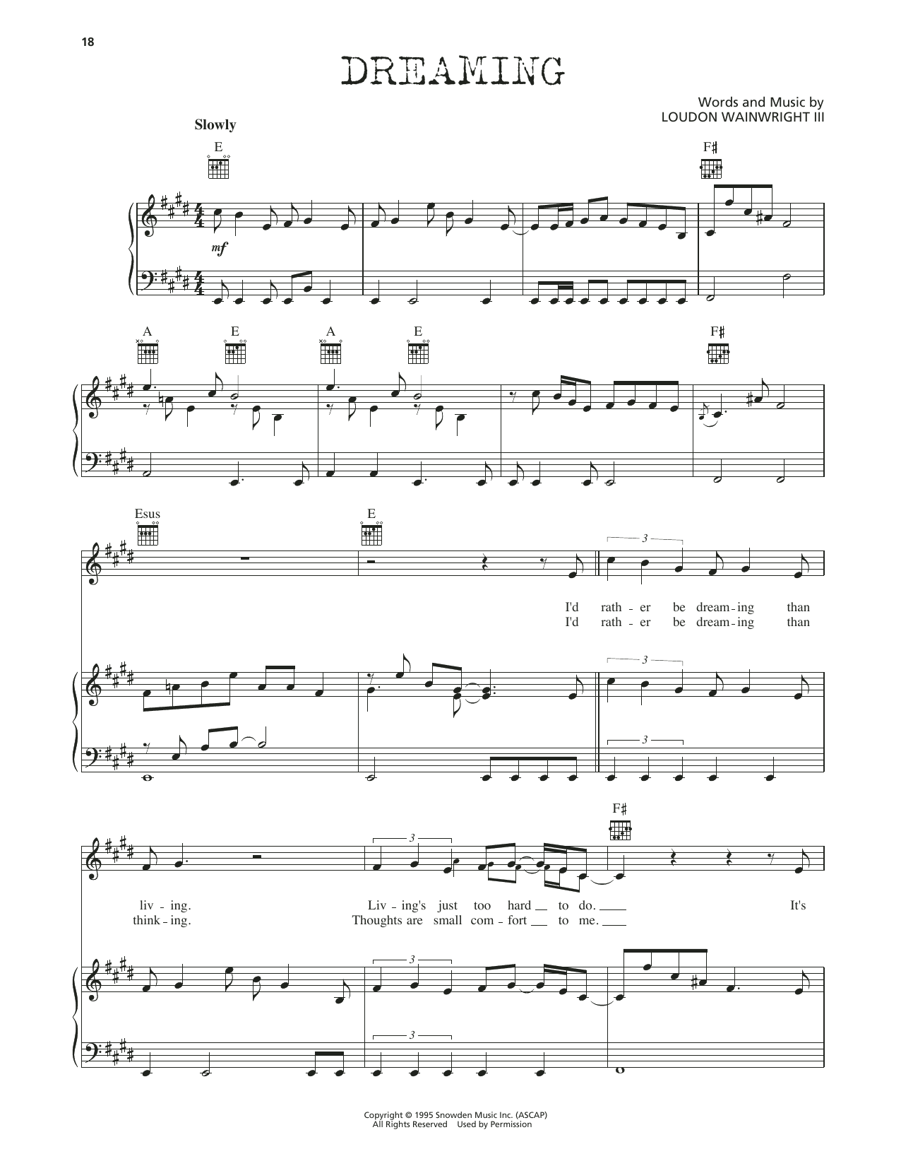 Download Loudon Wainwright III Dreaming Sheet Music and learn how to play Piano, Vocal & Guitar Chords (Right-Hand Melody) PDF digital score in minutes