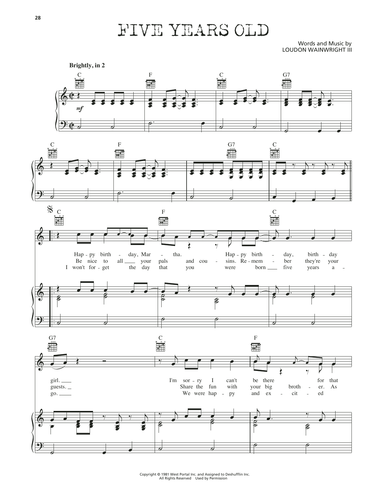 Download Loudon Wainwright III Five Years Old Sheet Music and learn how to play Piano, Vocal & Guitar Chords (Right-Hand Melody) PDF digital score in minutes