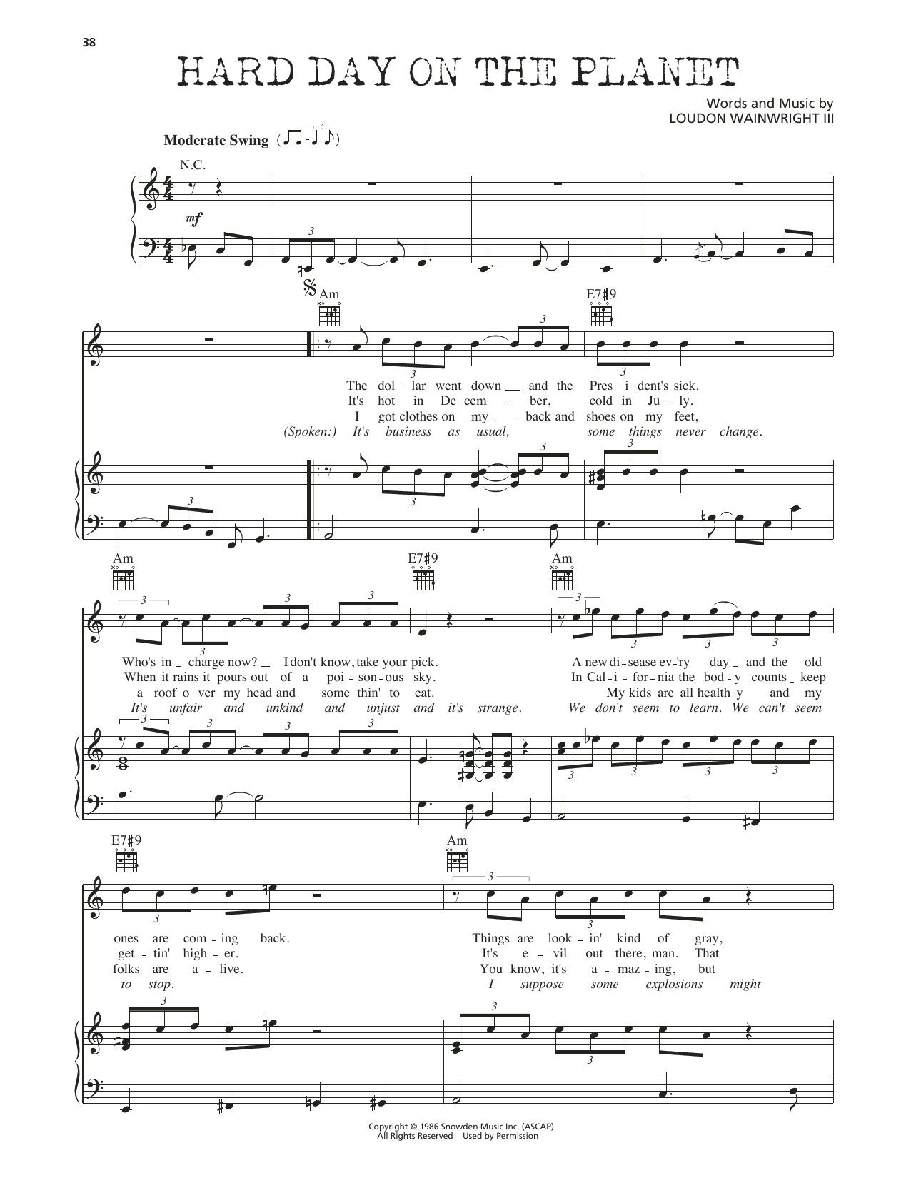Download Loudon Wainwright III Hard Day On The Planet Sheet Music and learn how to play Piano, Vocal & Guitar Chords (Right-Hand Melody) PDF digital score in minutes