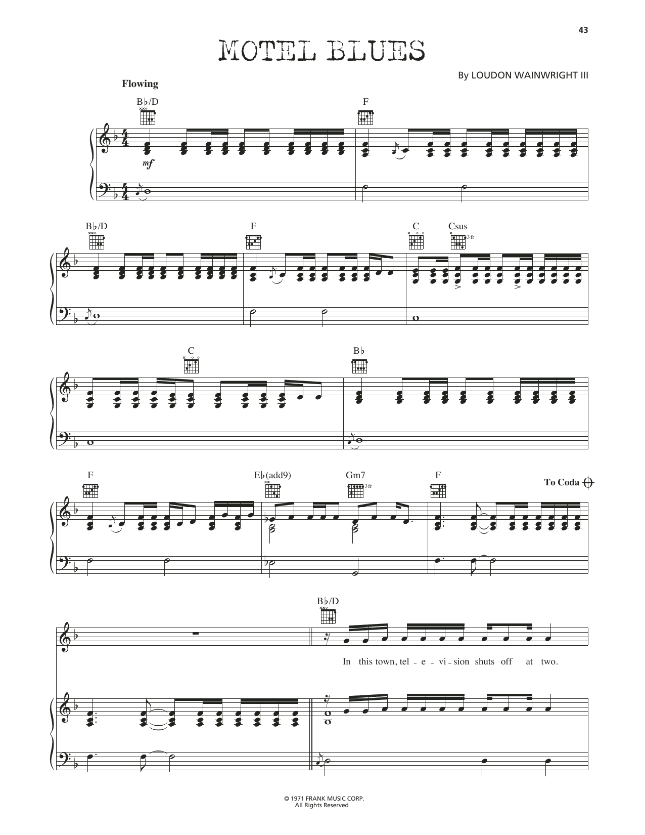 Download Loudon Wainwright III Motel Blues Sheet Music and learn how to play Piano, Vocal & Guitar Chords (Right-Hand Melody) PDF digital score in minutes