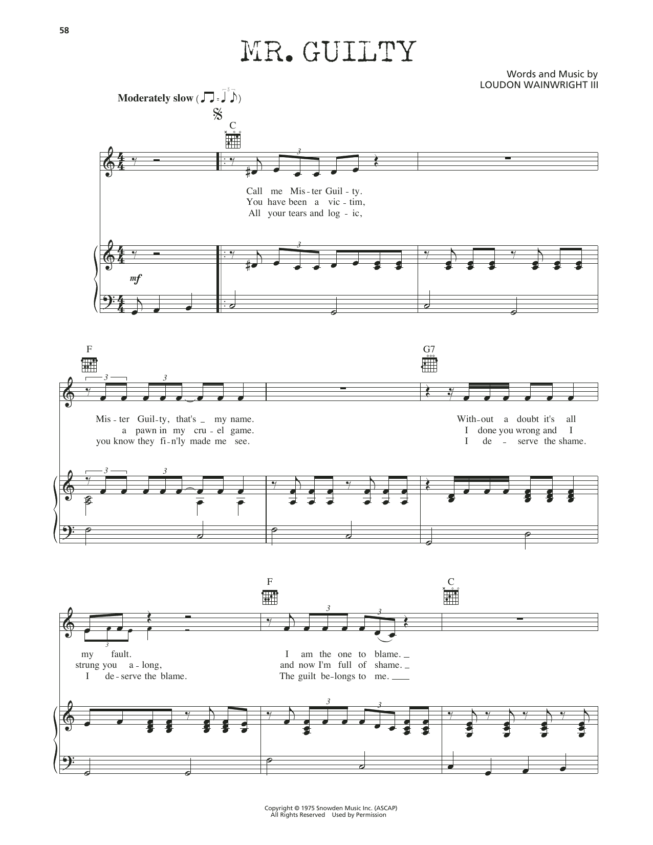 Download Loudon Wainwright III Mr. Guilty Sheet Music and learn how to play Piano, Vocal & Guitar Chords (Right-Hand Melody) PDF digital score in minutes