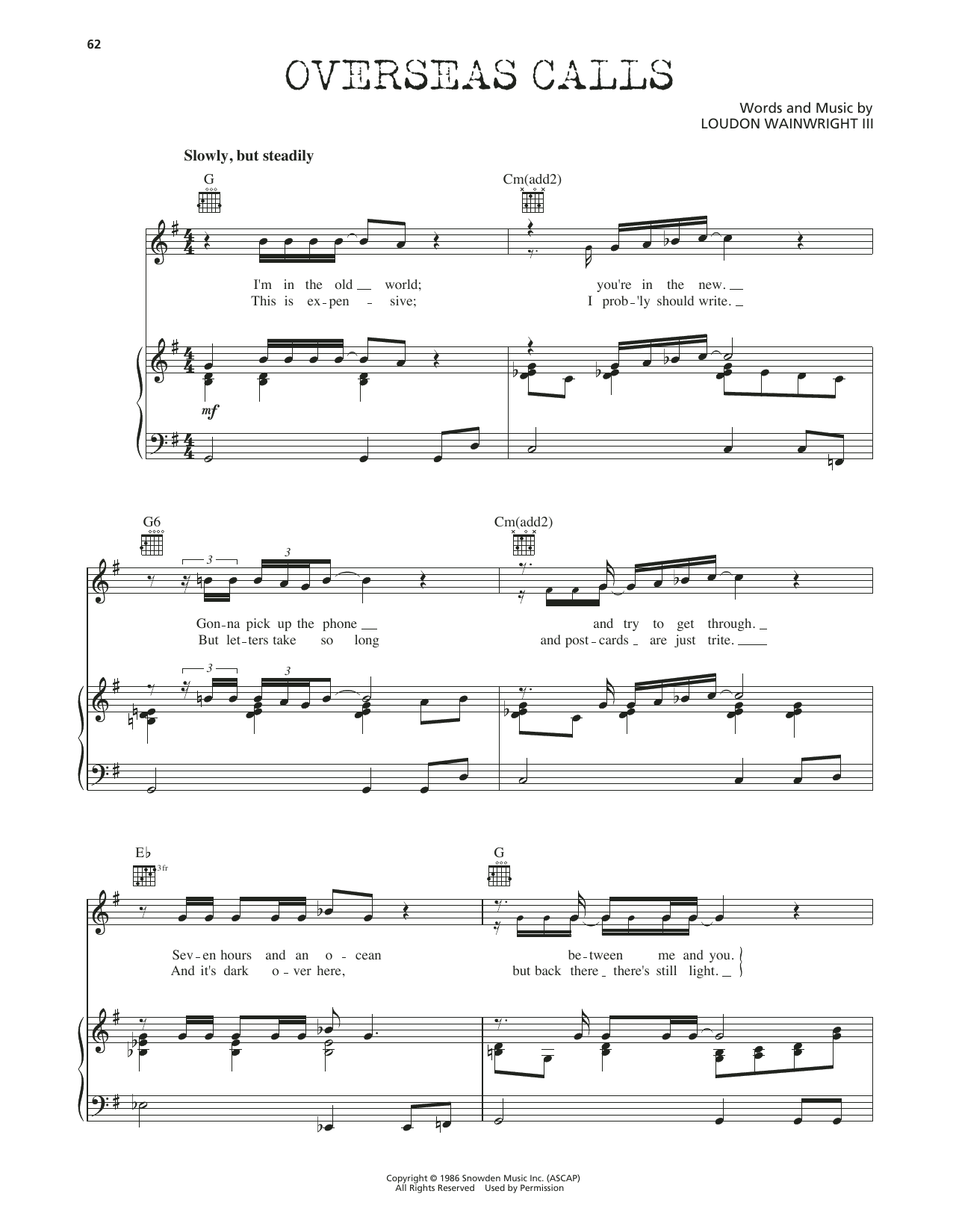 Download Loudon Wainwright III Overseas Calls Sheet Music and learn how to play Piano, Vocal & Guitar Chords (Right-Hand Melody) PDF digital score in minutes