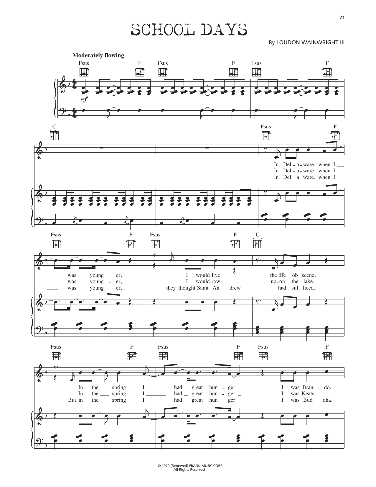 Download Loudon Wainwright III School Days Sheet Music and learn how to play Piano, Vocal & Guitar Chords (Right-Hand Melody) PDF digital score in minutes
