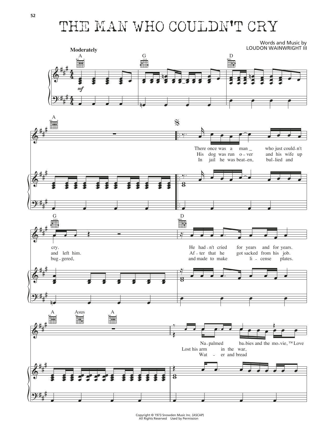 Download Loudon Wainwright III The Man Who Couldn't Cry Sheet Music and learn how to play Piano, Vocal & Guitar Chords (Right-Hand Melody) PDF digital score in minutes