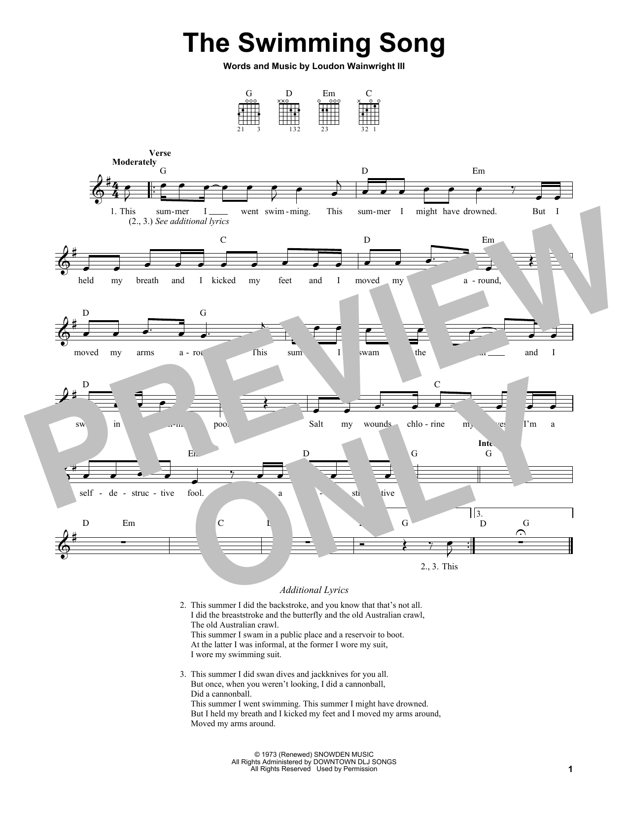 Download Loudon Wainwright III The Swimming Song Sheet Music and learn how to play Easy Guitar PDF digital score in minutes