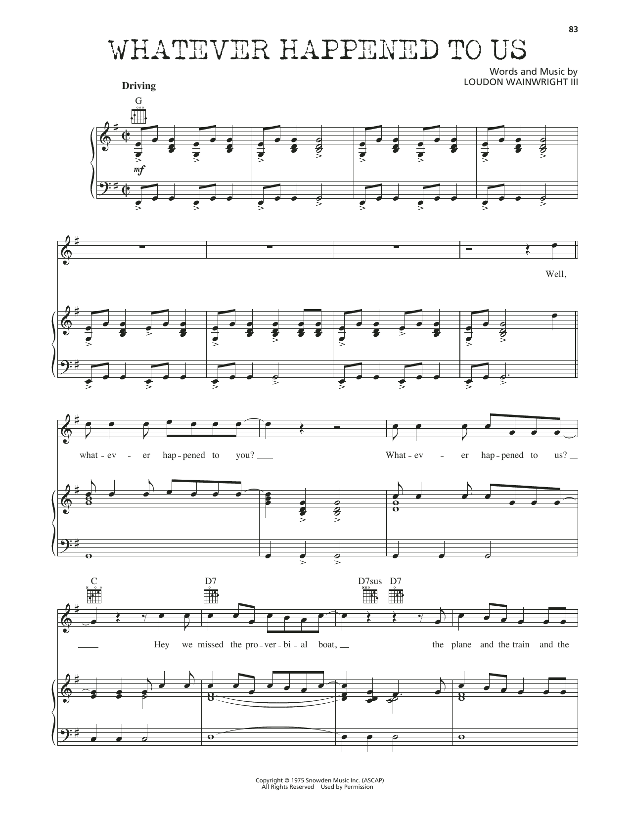 Download Loudon Wainwright III Whatever Happened To Us Sheet Music and learn how to play Piano, Vocal & Guitar Chords (Right-Hand Melody) PDF digital score in minutes