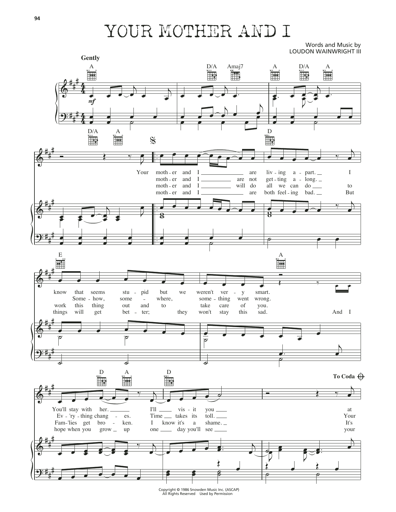 Download Loudon Wainwright III Your Mother And I Sheet Music and learn how to play Piano, Vocal & Guitar Chords (Right-Hand Melody) PDF digital score in minutes
