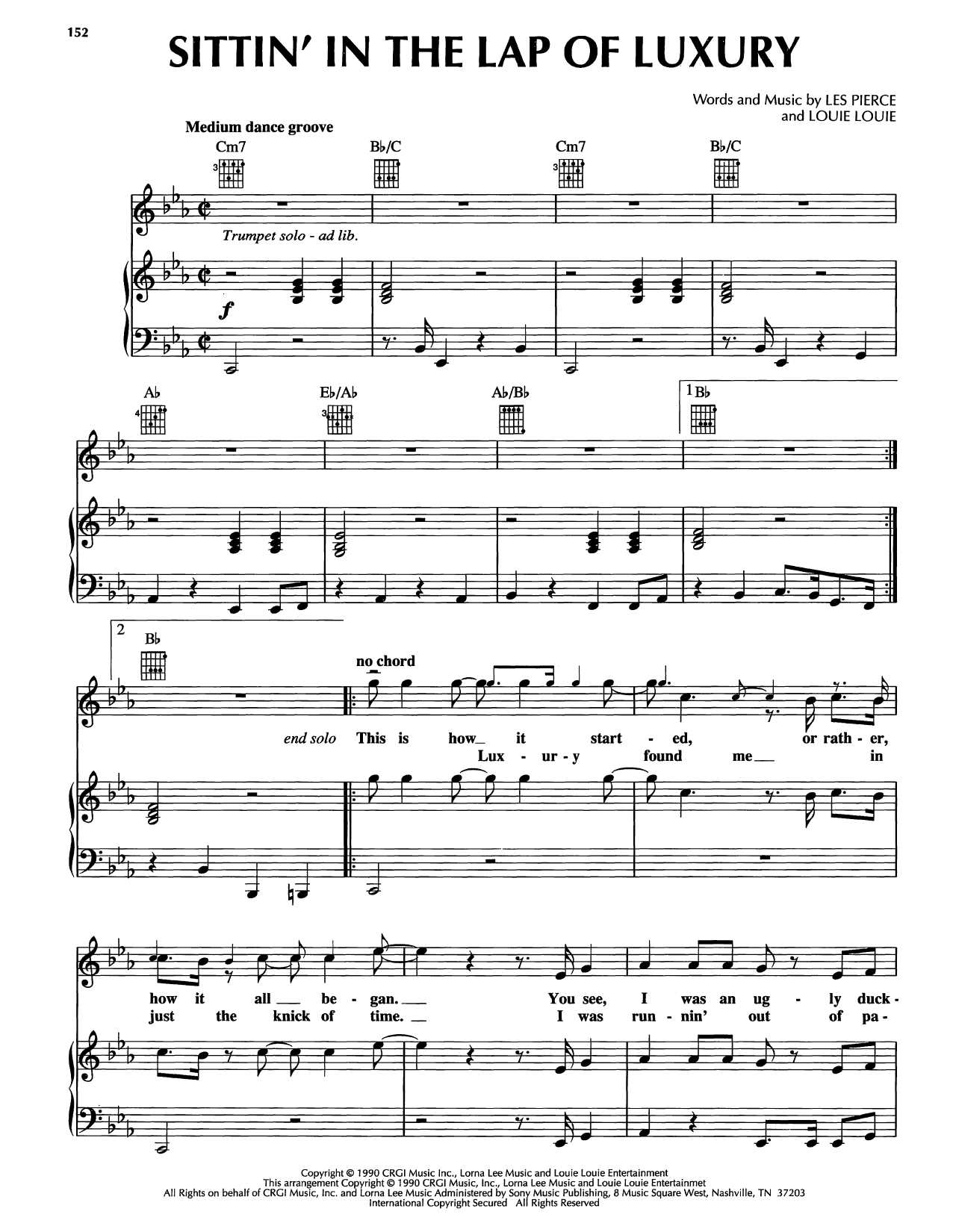 Download Louie Louie Sittin' In The Lap Of Luxury Sheet Music and learn how to play Piano, Vocal & Guitar Chords (Right-Hand Melody) PDF digital score in minutes