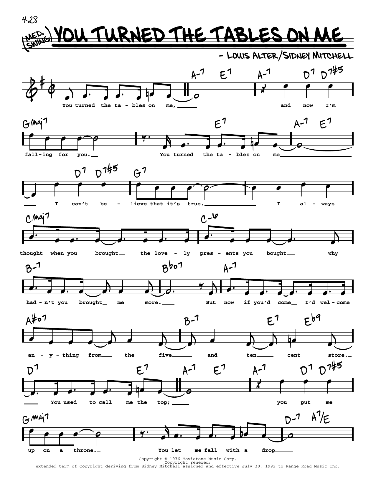 Download Louis Alter and Sidney D. Mitchell You Turned The Tables On Me (High Voice) Sheet Music and learn how to play Real Book – Melody, Lyrics & Chords PDF digital score in minutes