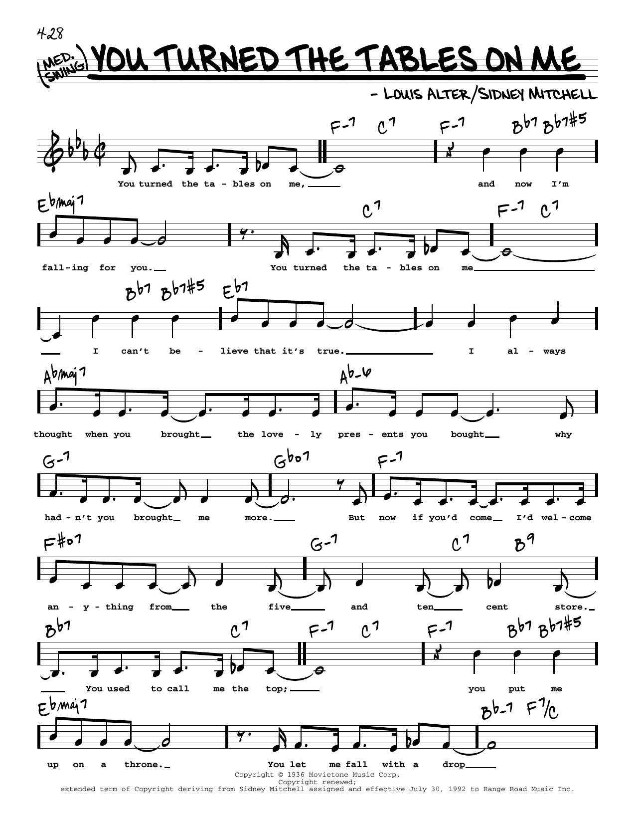 Download Louis Alter You Turned The Tables On Me (Low Voice) Sheet Music and learn how to play Real Book – Melody, Lyrics & Chords PDF digital score in minutes