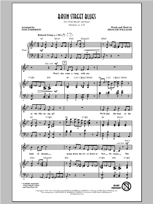 Download Spencer Williams Basin Street Blues (arr. Tom Anderson) Sheet Music and learn how to play 3-Part Mixed PDF digital score in minutes