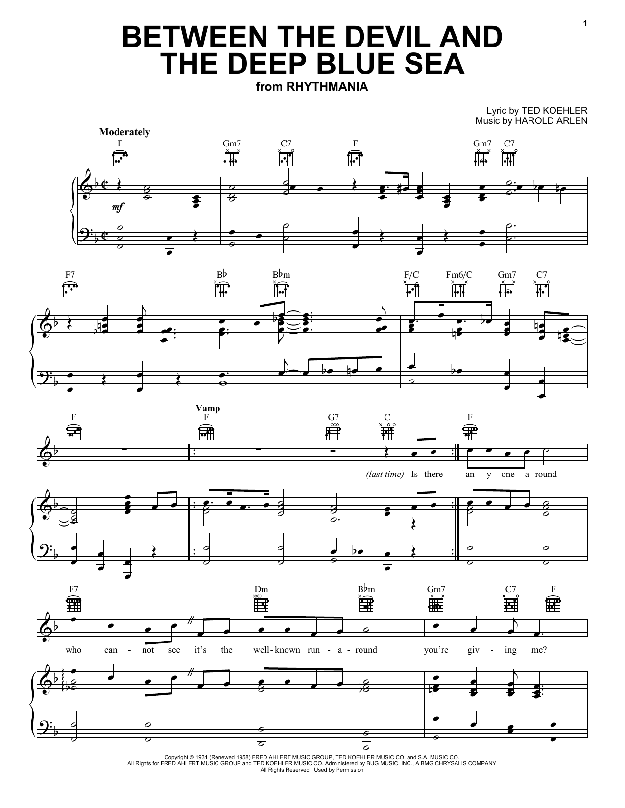 Download Louis Armstrong Between The Devil And The Deep Blue Sea Sheet Music and learn how to play Piano, Vocal & Guitar (Right-Hand Melody) PDF digital score in minutes