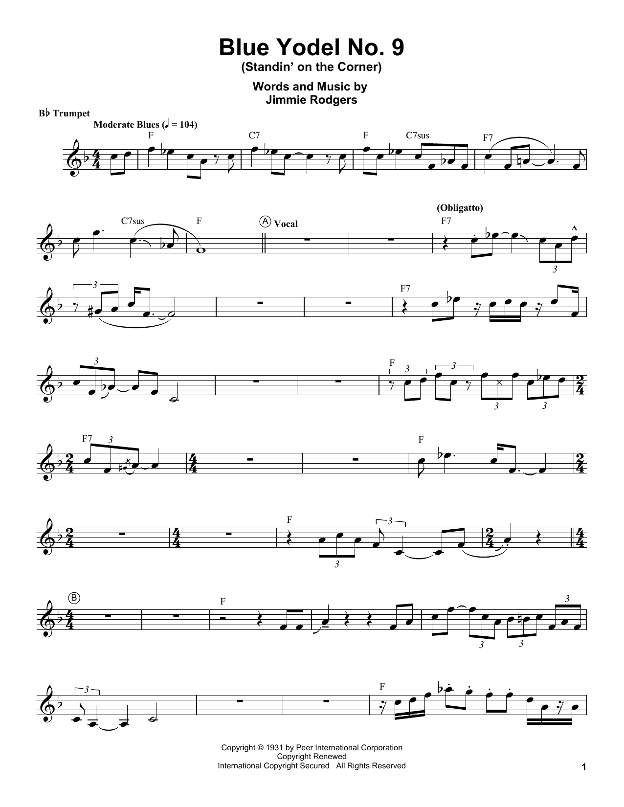 Download Louis Armstrong Blue Yodel No. 9 (Standin' On The Corner) Sheet Music and learn how to play Trumpet Transcription PDF digital score in minutes