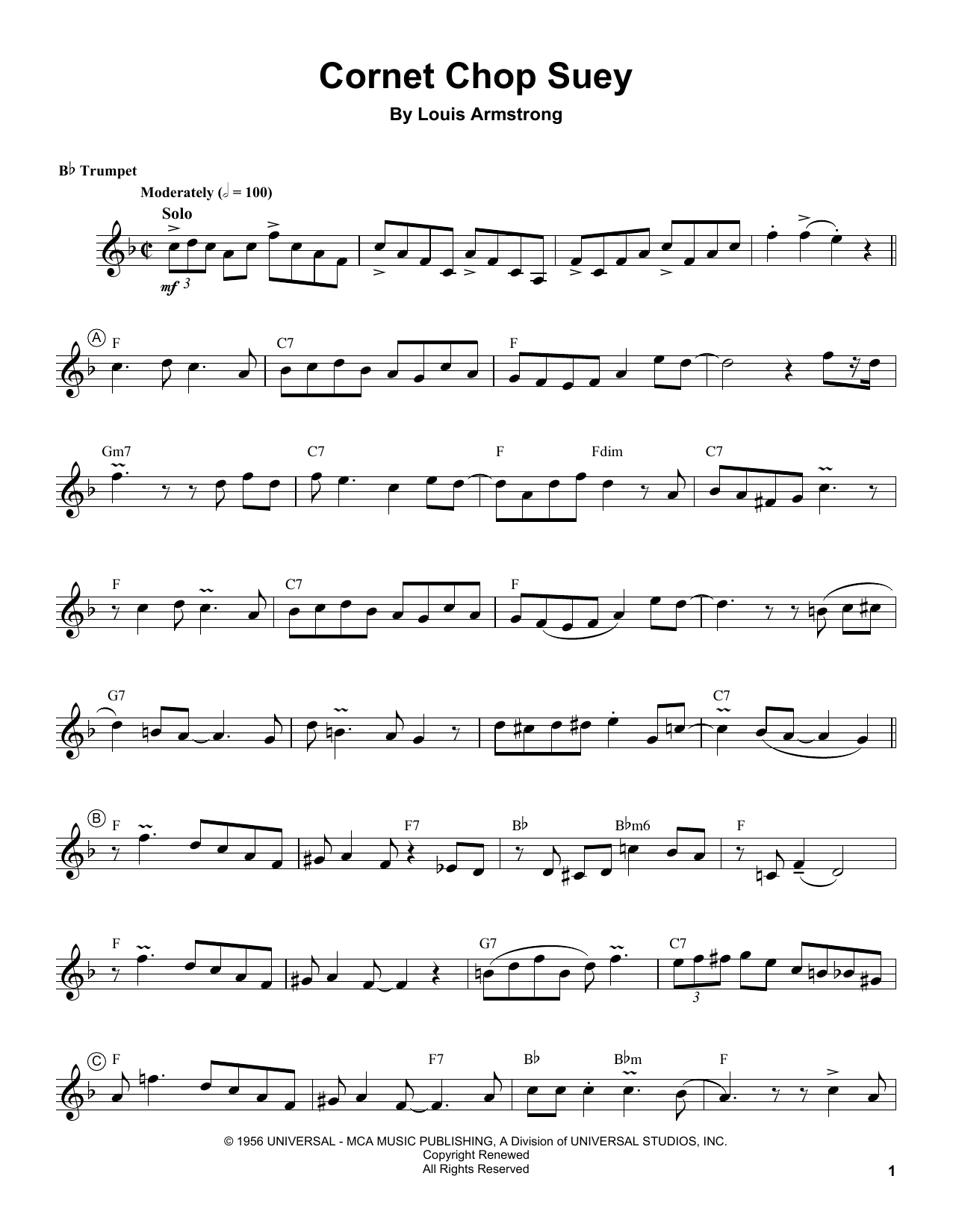 Download Louis Armstrong Cornet Chop Suey Sheet Music and learn how to play Trumpet Transcription PDF digital score in minutes