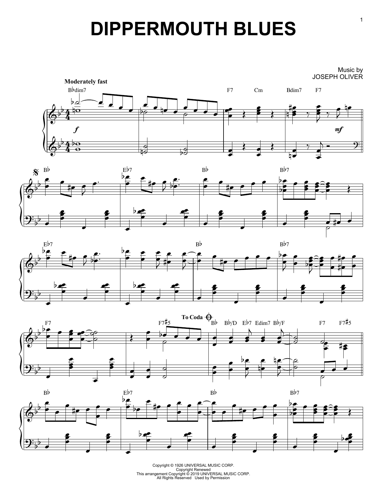 Download Louis Armstrong Dippermouth Blues [Jazz version] Sheet Music and learn how to play Piano Solo PDF digital score in minutes