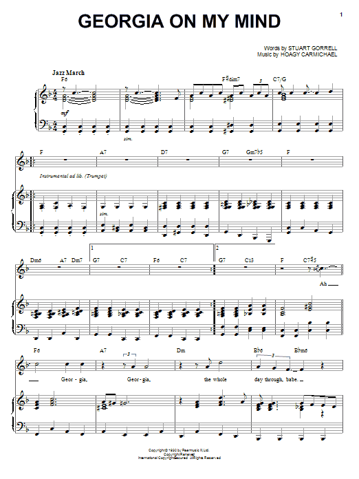 Download Louis Armstrong Georgia On My Mind Sheet Music and learn how to play Piano, Vocal & Guitar (Right-Hand Melody) PDF digital score in minutes