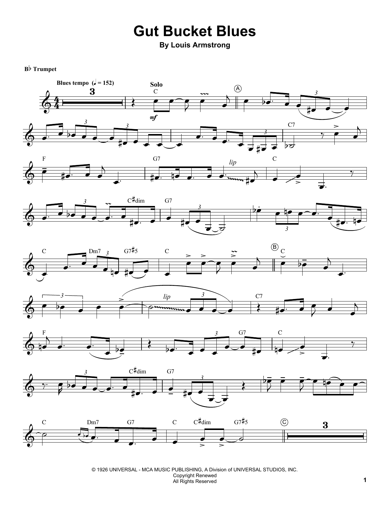 Download Louis Armstrong Gut Bucket Blues Sheet Music and learn how to play Trumpet Transcription PDF digital score in minutes