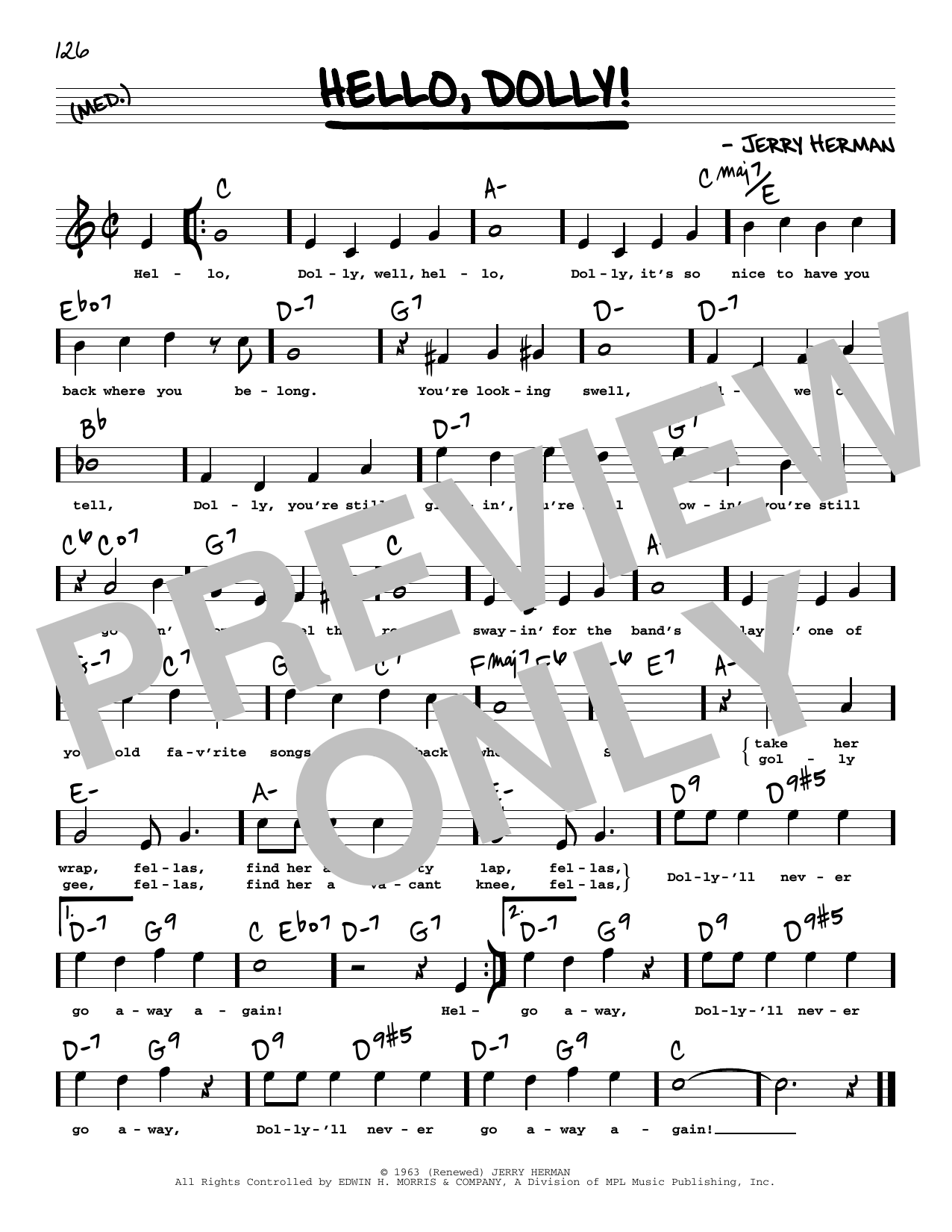 Download Louis Armstrong Hello, Dolly! (High Voice) Sheet Music and learn how to play Real Book – Melody, Lyrics & Chords PDF digital score in minutes