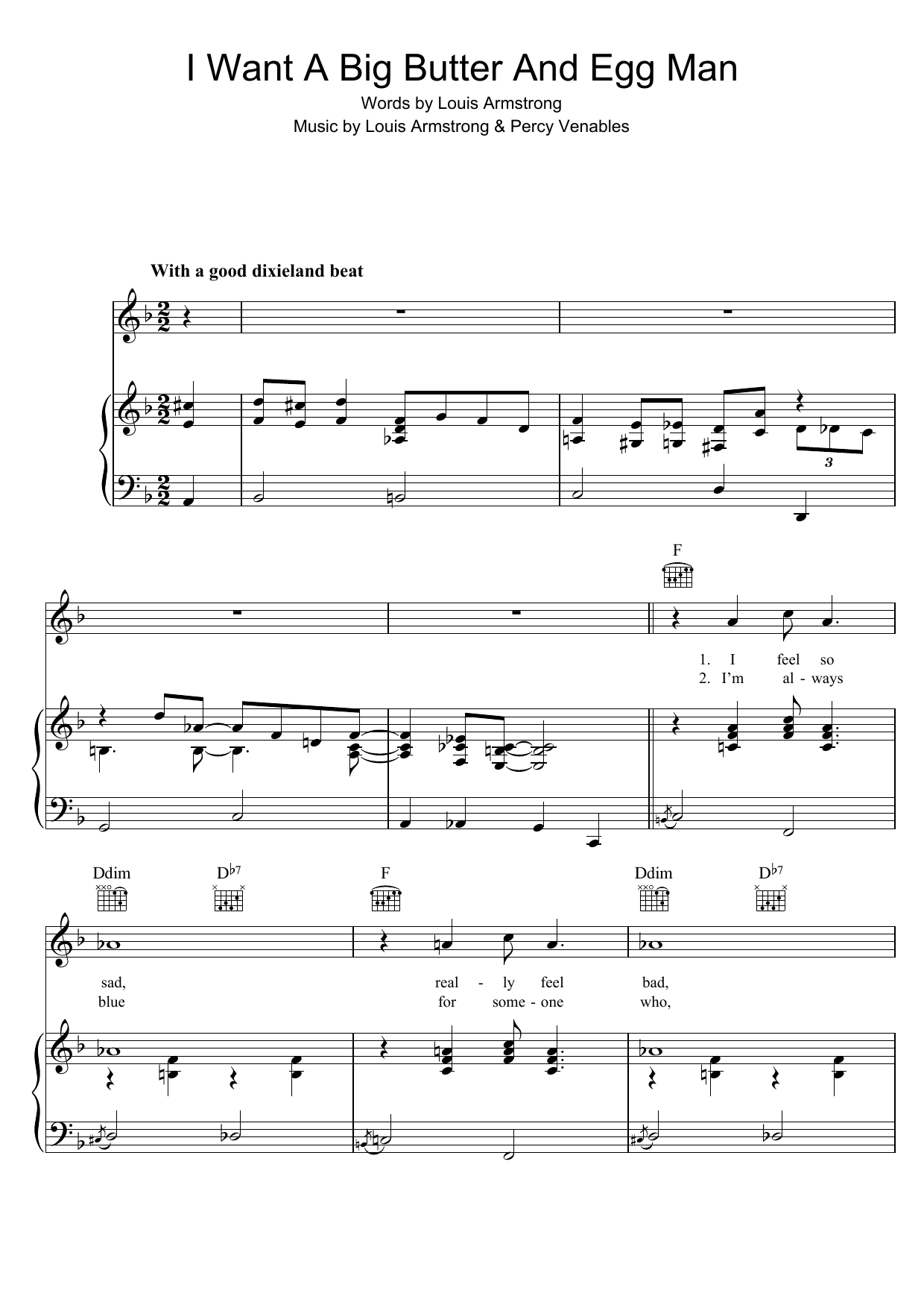 Download Louis Armstrong I Want A Big Butter And Egg Man Sheet Music and learn how to play Piano, Vocal & Guitar (Right-Hand Melody) PDF digital score in minutes