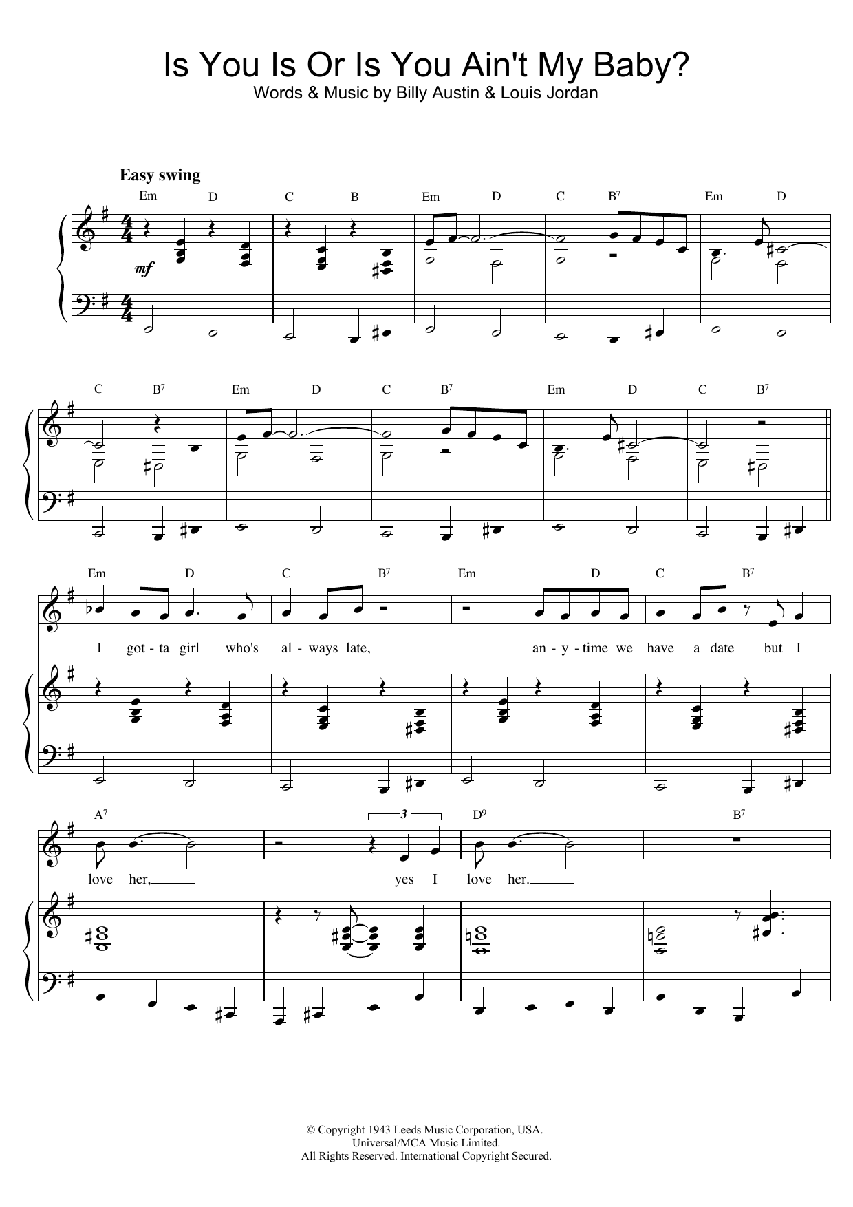 Download Louis Armstrong Is You Is Or Is You Ain't My Baby? Sheet Music and learn how to play Piano & Vocal PDF digital score in minutes