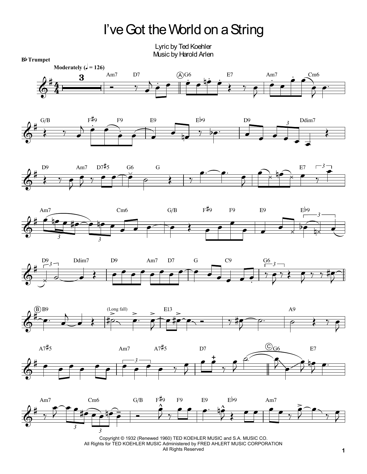 Download Louis Armstrong I've Got The World On A String Sheet Music and learn how to play Trumpet Transcription PDF digital score in minutes