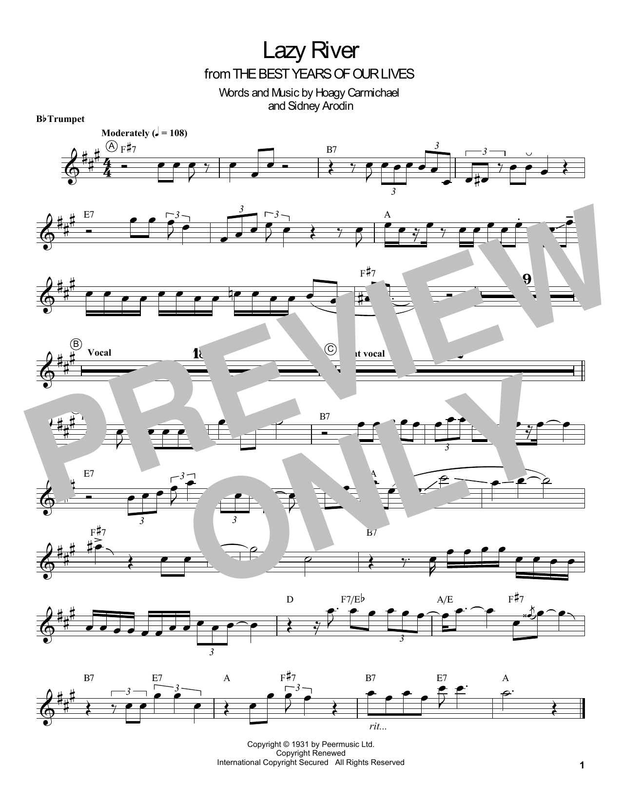 Download Louis Armstrong Lazy River Sheet Music and learn how to play Trumpet Transcription PDF digital score in minutes