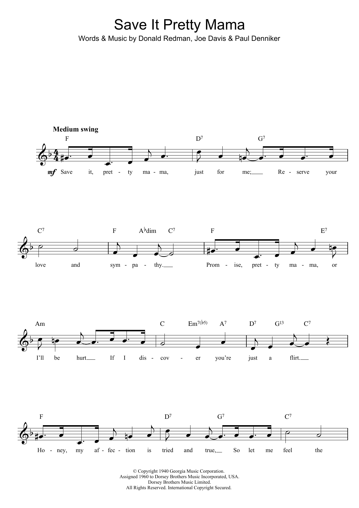 Download Louis Armstrong Save It Pretty Mama Sheet Music and learn how to play Melody Line, Lyrics & Chords PDF digital score in minutes