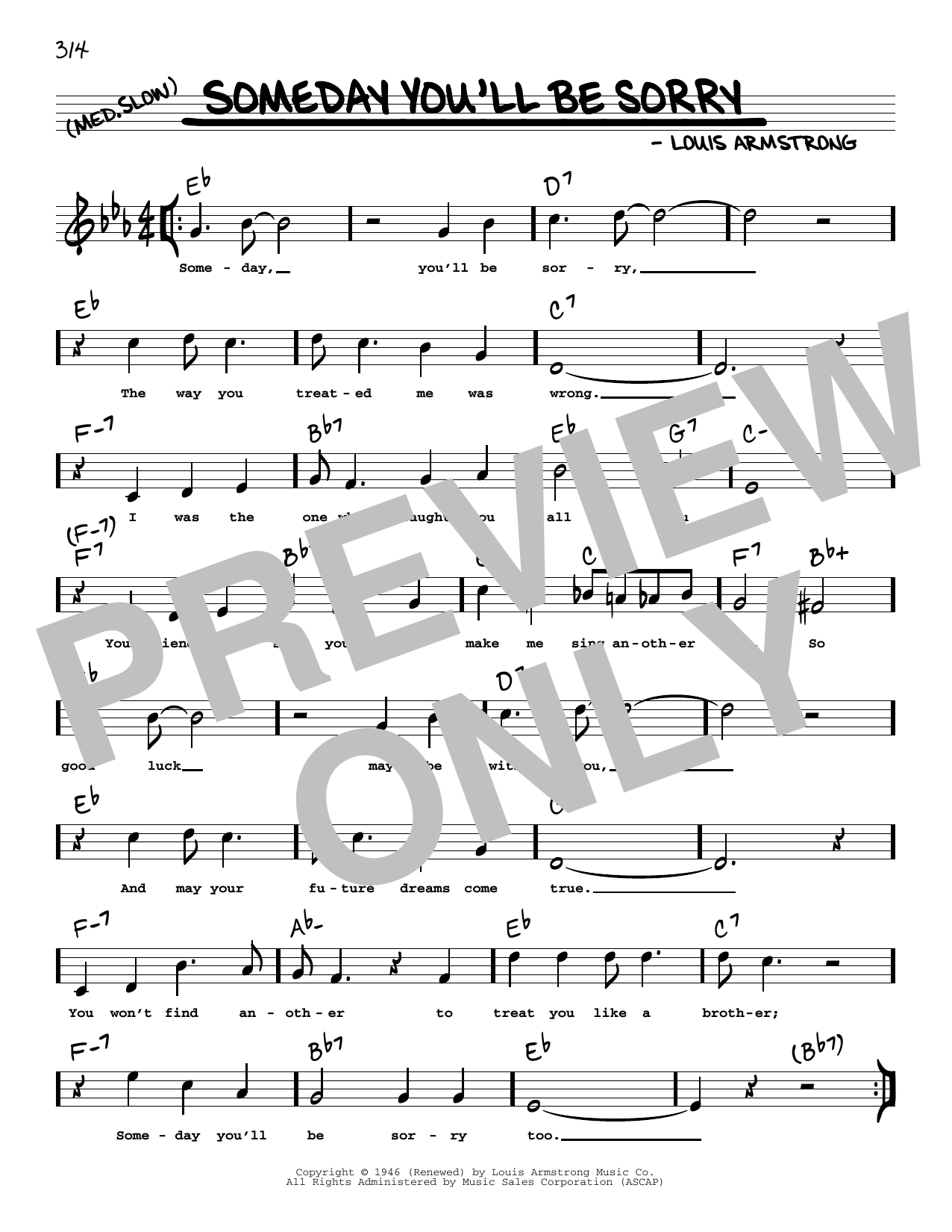 Download Louis Armstrong Someday You'll Be Sorry (arr. Robert Rawlins) Sheet Music and learn how to play Real Book – Melody, Lyrics & Chords PDF digital score in minutes