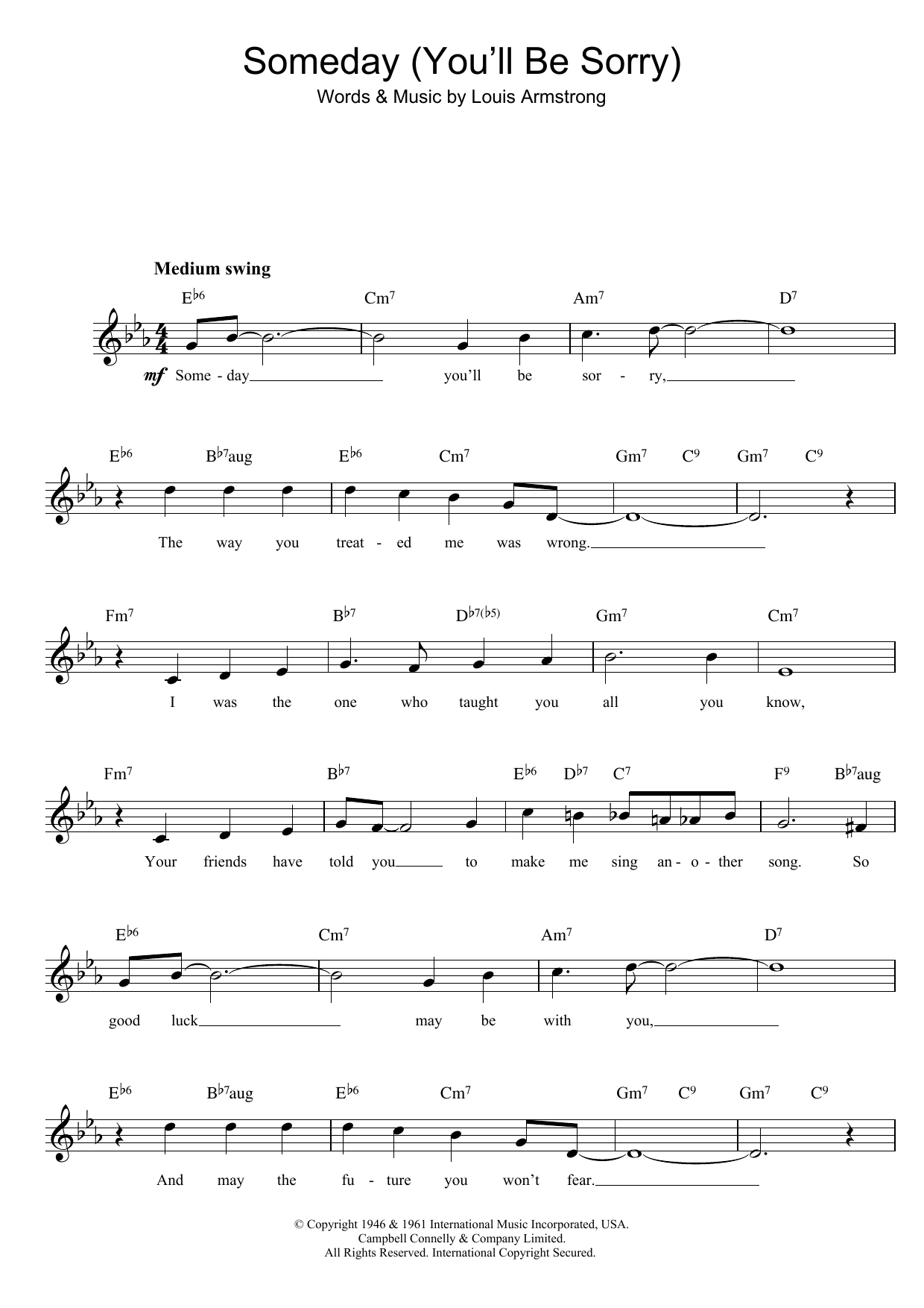 Download Louis Armstrong Someday (You'll Be Sorry) Sheet Music and learn how to play Piano, Vocal & Guitar PDF digital score in minutes