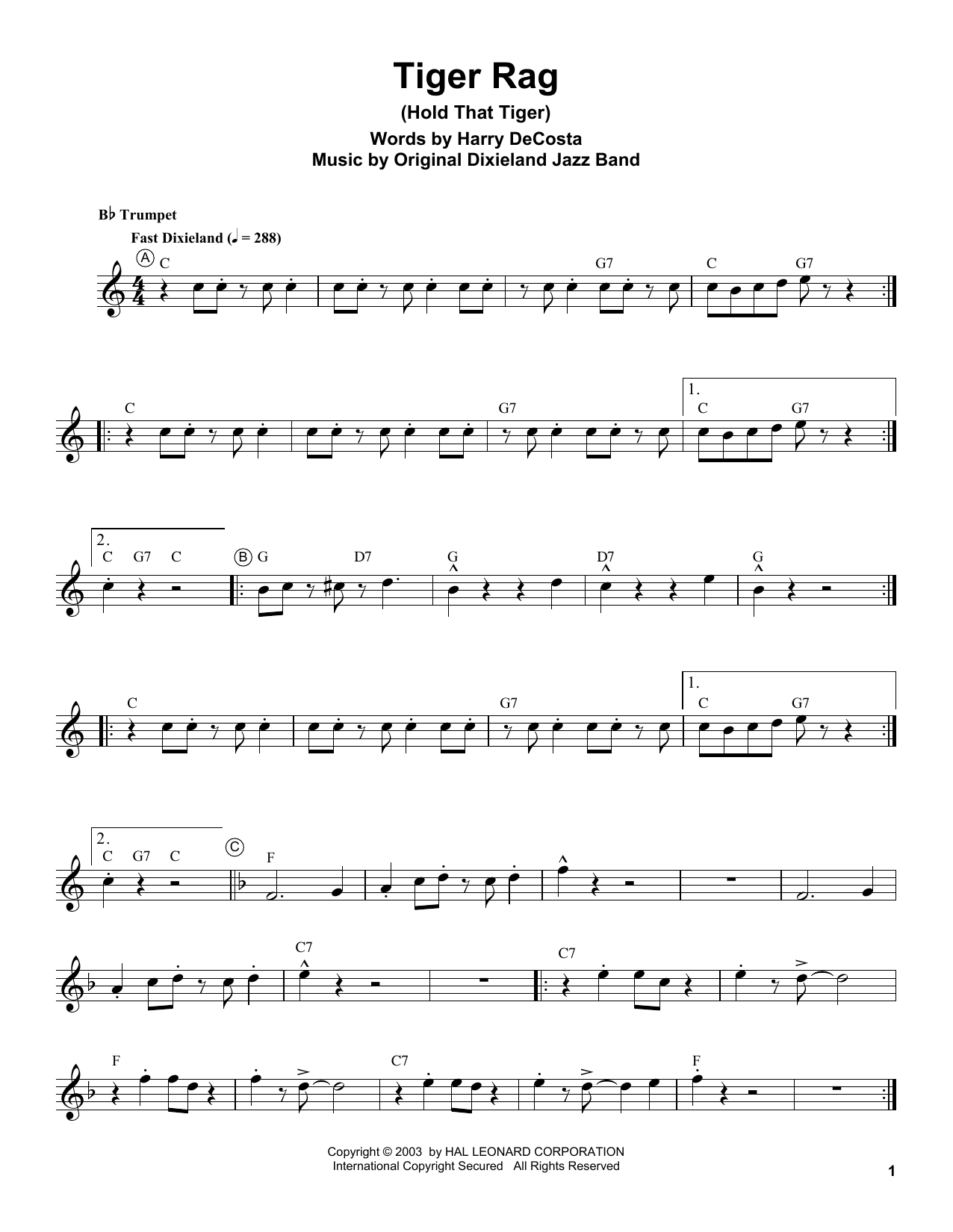 Download Louis Armstrong Tiger Rag (Hold That Tiger) Sheet Music and learn how to play Trumpet Transcription PDF digital score in minutes