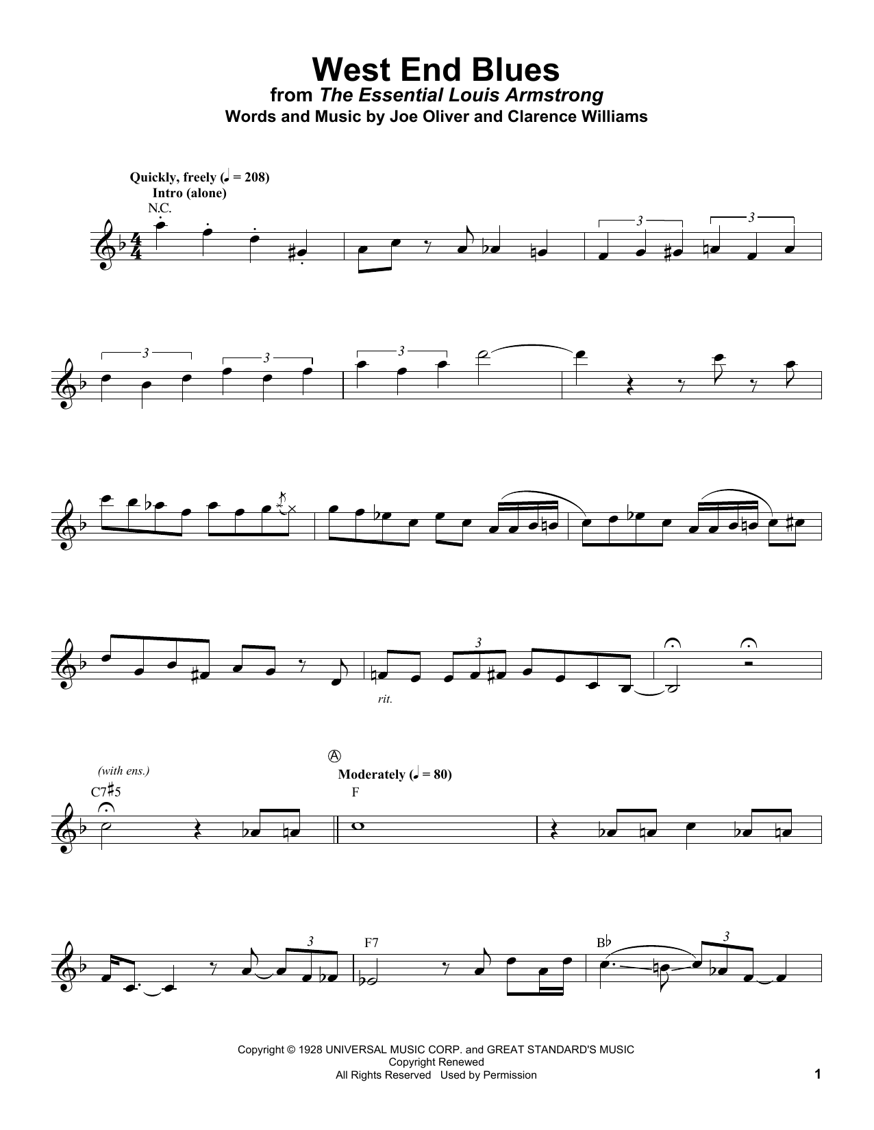 Download Clarence Williams West End Blues Sheet Music and learn how to play Trumpet Transcription PDF digital score in minutes