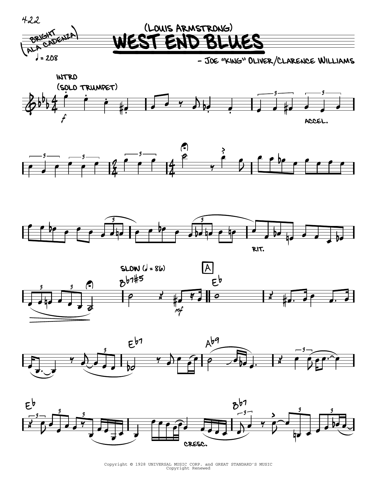 Download Louis Armstrong West End Blues (solo only) Sheet Music and learn how to play Real Book – Melody & Chords PDF digital score in minutes