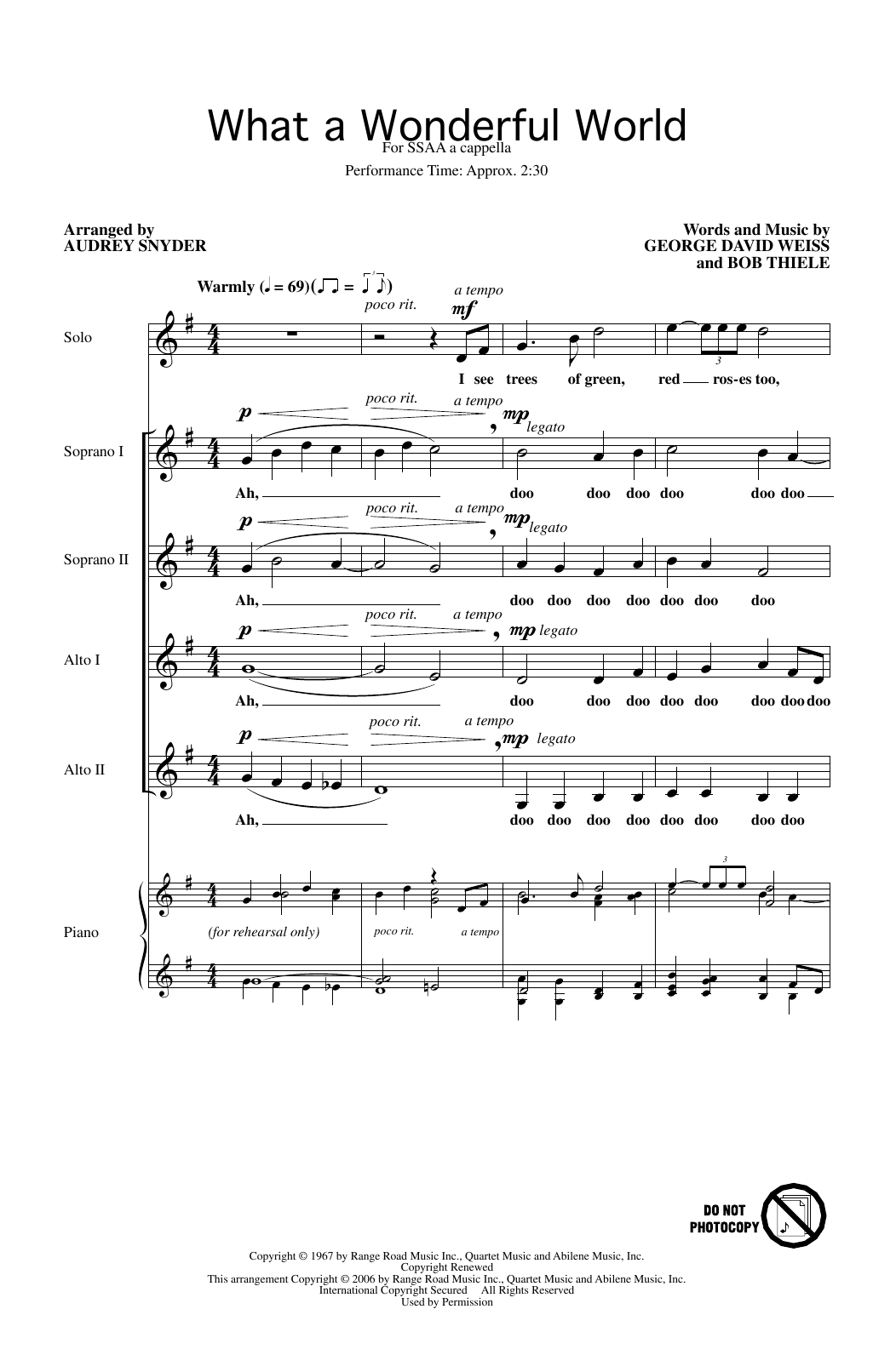 Download Louis Armstrong What A Wonderful World (arr. Audrey Snyder) Sheet Music and learn how to play SSAA Choir PDF digital score in minutes