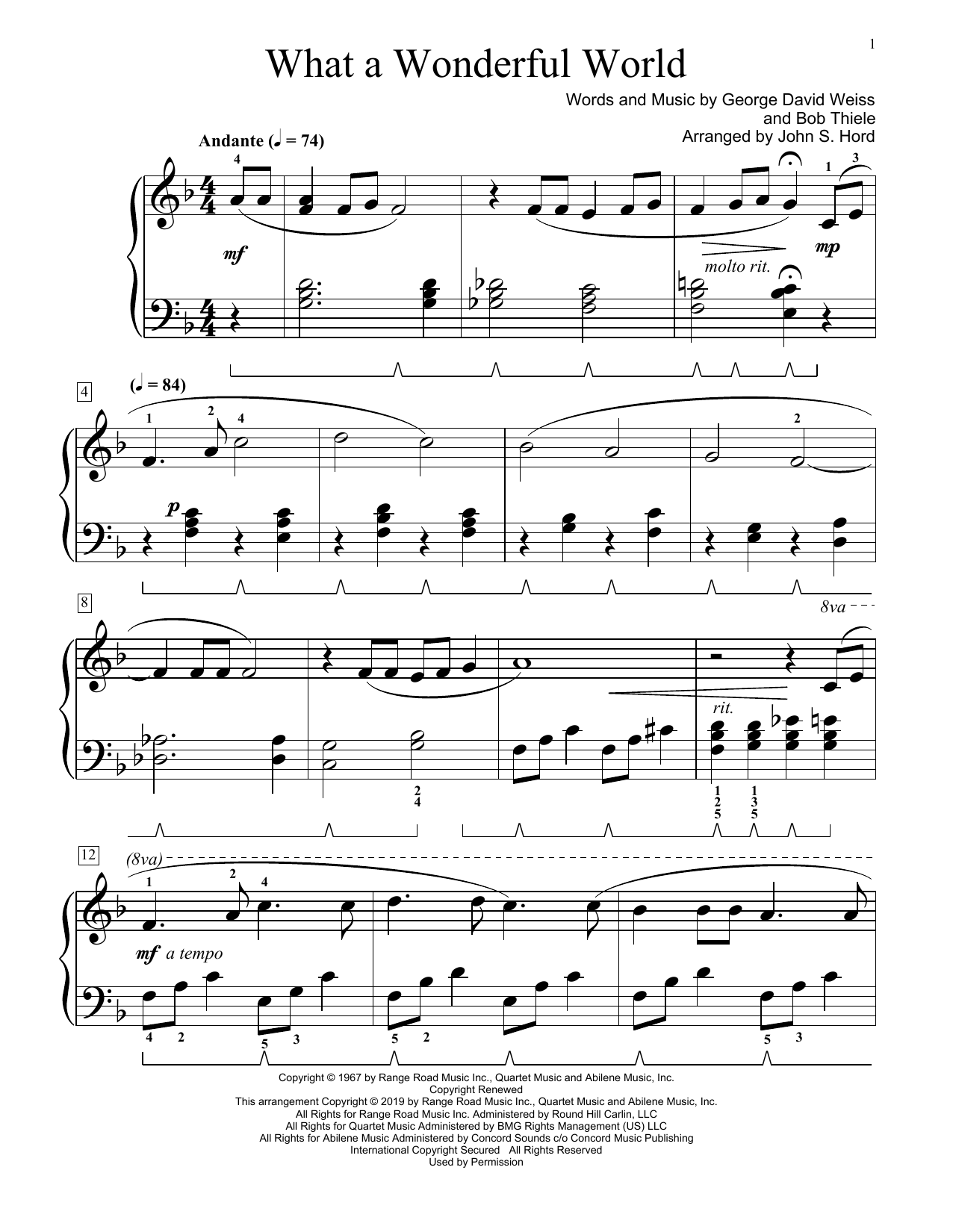 Download Louis Armstrong What A Wonderful World (arr. John S. Hord) Sheet Music and learn how to play Educational Piano PDF digital score in minutes