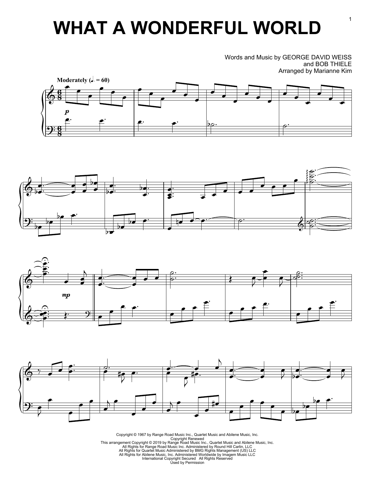 Download Louis Armstrong What A Wonderful World (arr. Marianne Kim) Sheet Music and learn how to play Piano Solo PDF digital score in minutes