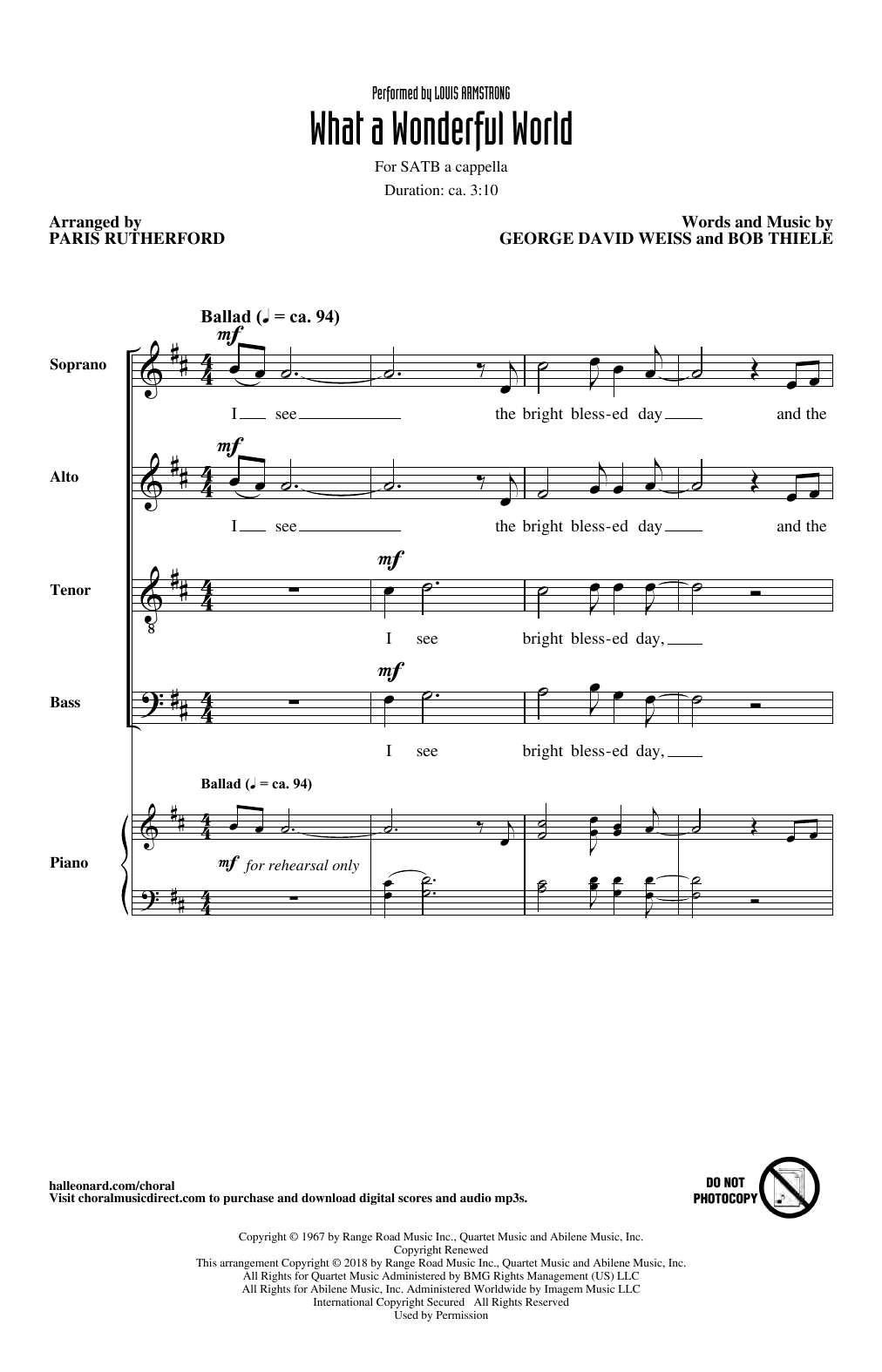 Download Louis Armstrong What A Wonderful World (arr. Paris Rutherford) Sheet Music and learn how to play SATB Choir PDF digital score in minutes