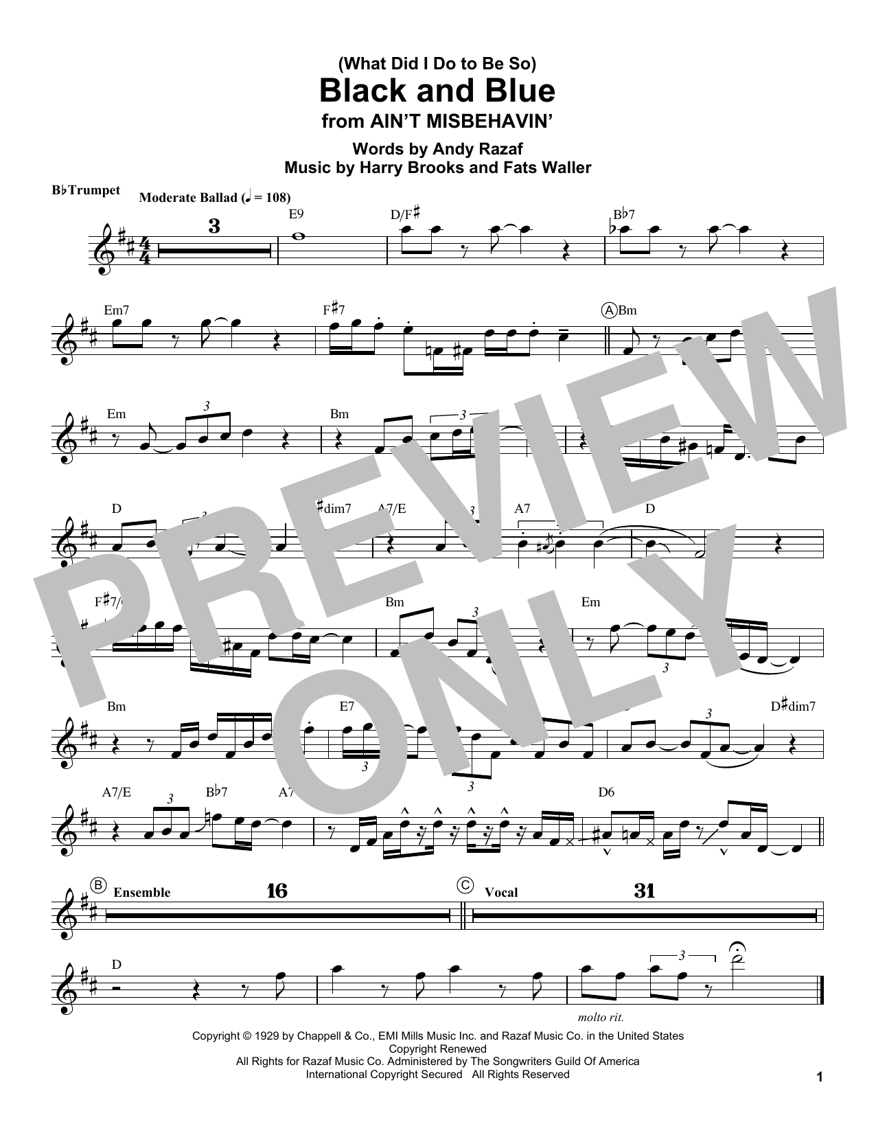 Download Louis Armstrong (What Did I Do To Be So) Black And Blue Sheet Music and learn how to play Trumpet Transcription PDF digital score in minutes