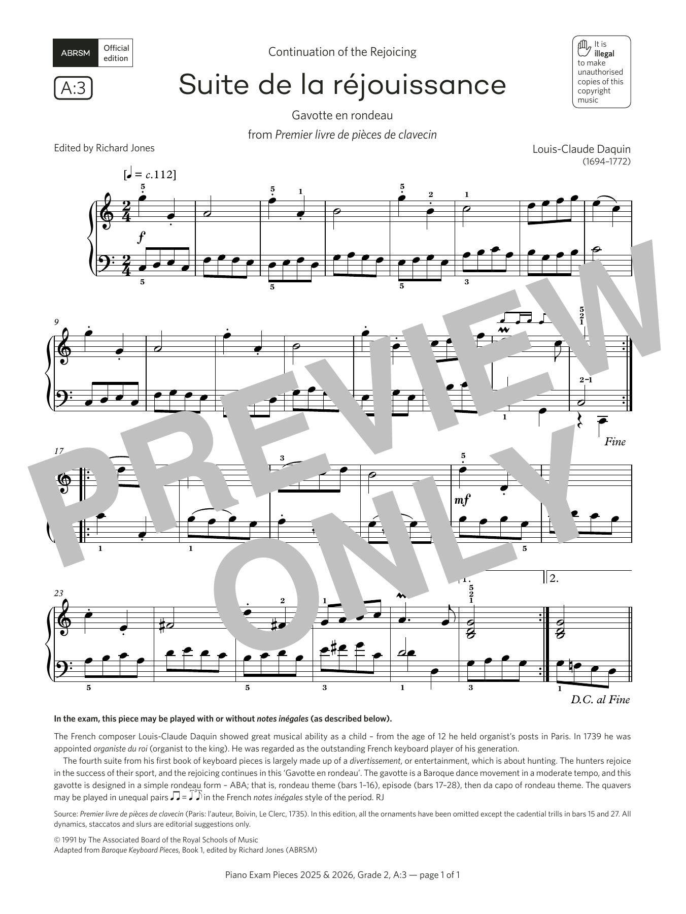 Download Louis-Claude Daquin Suite de la réjouissance (Grade 2, list A3, from the ABRSM Piano Syllabus 2025 Sheet Music and learn how to play Piano Solo PDF digital score in minutes